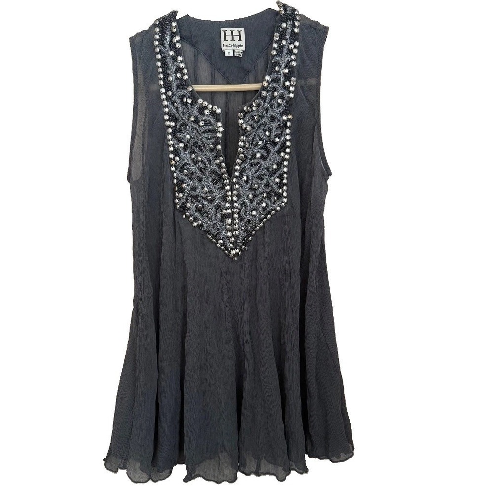 Haute Hippie Beaded Studded Sheer Silk Mini Dress Tunic Sz S Whimsigoth Festival